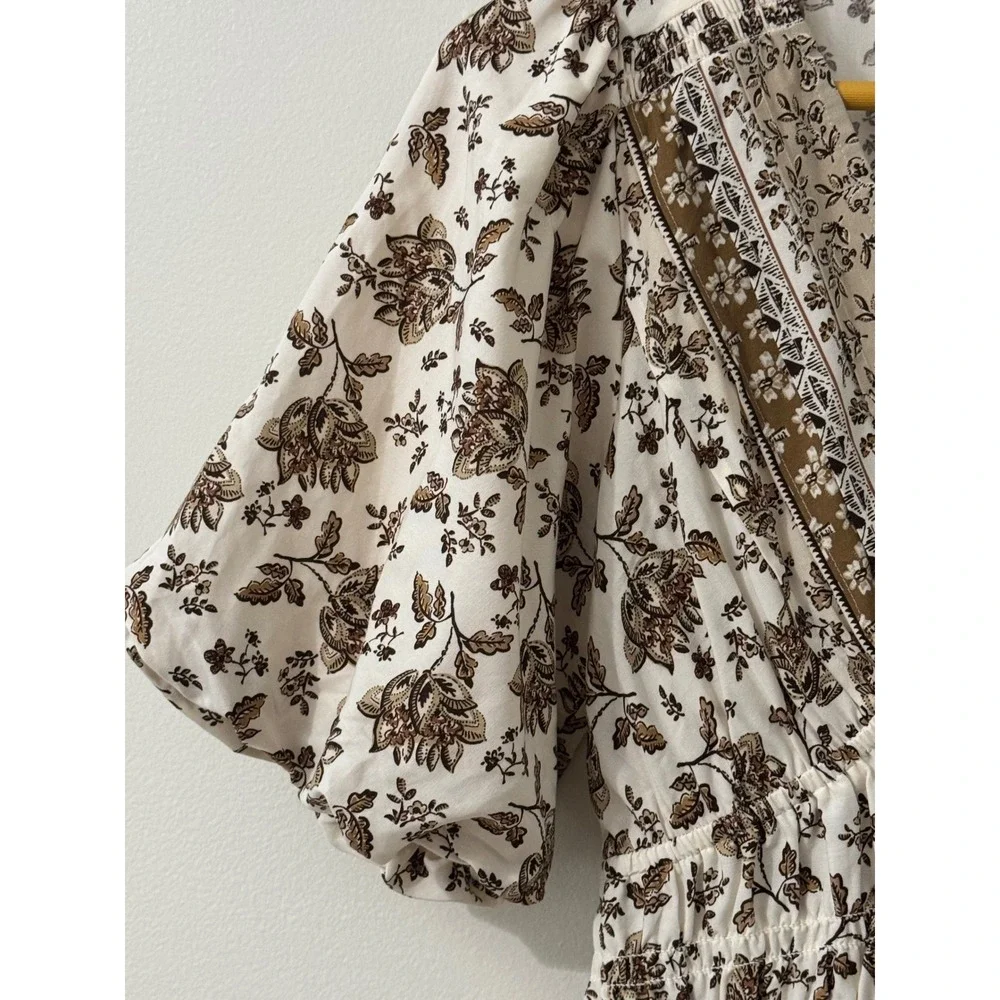 LOFT Floral Boho Peplum Blouse Small Cottagecore Puff Sleeve V Neck Top NWT